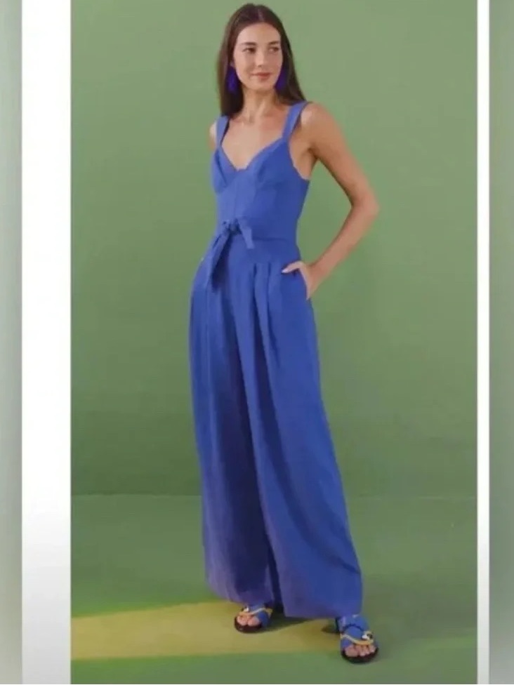 Farm Rio Blue Pleated Linen-Blend Jumpsuit Size Xs